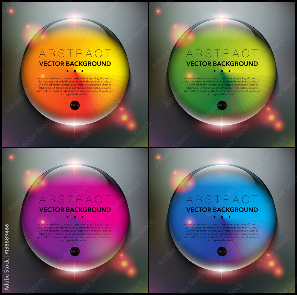 Wall mural Abstract backgrounds set of 4. Glass marbles with circular design. Glossy, colorful and isolated on the black panel. Each item contains space for own text. Vector illustration. Eps10.