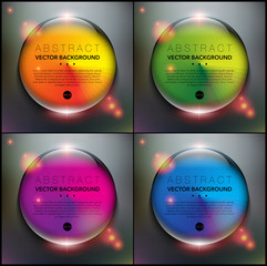 Abstract backgrounds set of 4. Glass marbles with circular design. Glossy, colorful and isolated on the black panel. Each item contains space for own text. Vector illustration. Eps10.