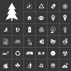 tree. ecology and alternative energy icon set at gray background. Natural renewable energy technologies as solar, wind, water, geothermal heat, bio fuel.