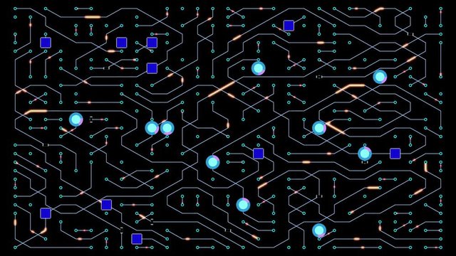 Video Background 2303: Graphic circuit board with transistors, capacitors and data transfer effects (Loop).