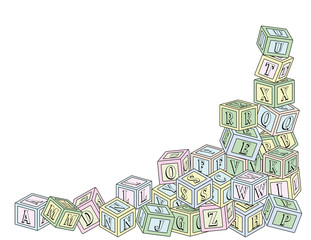 An illustration of wooden toy alphabet building blocks in the lower right corner