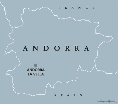 Andorra political map with capital Andorra la Vella and neighbors France and Spain. Principality,  country and microstate in Southwestern Europe. Gray illustration with English labeling. Vector.