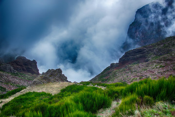 Fototapeta premium Cloudy weather at the top of the mountain Pico Arieiro. There should be a view of the Funchal - the capital of the island of Madeira.