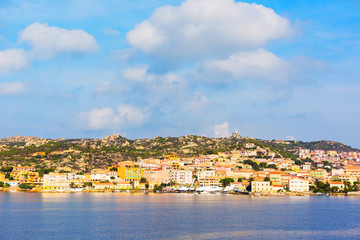 Fototapeta premium View of the port in La Maddalena town from ferry boat, Sardinia, Italy