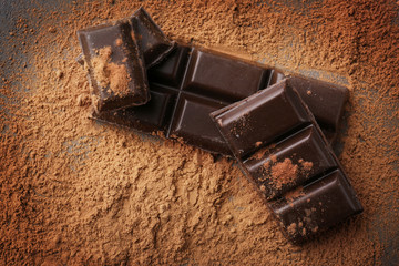 Chocolate pieces with cocoa powder, closeup