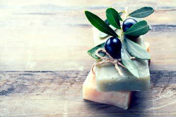 Handmade spa olive oils soap closeup. Organic soap making