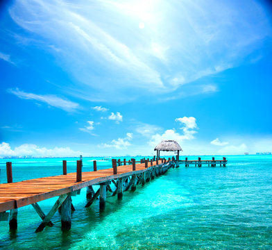 Exotic tropical resort. Jetty near Cancun, Mexico. Travel, Tourism and Vacations Concept
