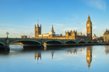 Big Ben and Westminster parliament with colorful sky and water reflection in London, United Kingdom