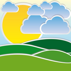color sun with cloud and mountain icon, vector illustraction design