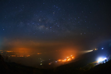 Milky way galaxy at Phutabberk Phetchabun in Thailand.Long exposure photograph.With grain