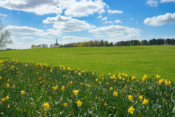 Willen lakeside park with Peace Pagoda temple in the background and flowers in the foreground 
