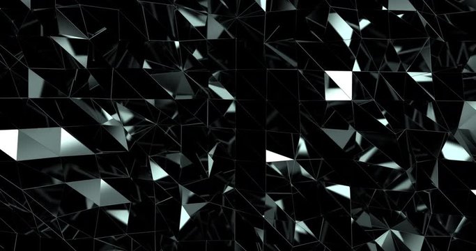 Frontal view of black reflective pattern of moving triangles separated with thin stripes, crystal abstract painting, tessellated waving mirror surface with strong specular and blinking reflections