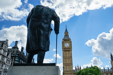 Big Ben and Winston Churchill's statue at sunset, London