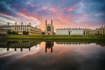Panorama of Clare College with beautiful sky at sunrise in Cambridge, UK