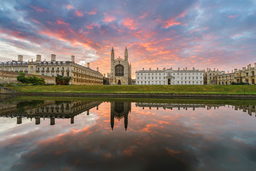 Panorama of Clare College with beautiful sky at sunrise in Cambridge, UK
