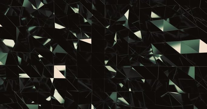 Frontal view of warm green reflective pattern of moving triangles divided with thin stripes, crystal abstract painting, tessellated waving mirror surface with strong specular and blinking reflections