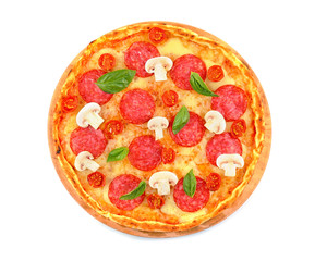 Pizza with salami and mushrooms isolated on white