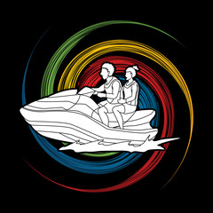 Couple riding jet ski designed on spin wheel background graphic vector