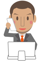 かわいいアフリカ系男性　グレーのスーツのビジネスマン　短髪　パソコン