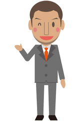 かわいいアフリカ系男性　グレーのスーツのビジネスマン　短髪　ウィンクして紹介