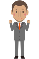 かわいいアフリカ系男性　グレーのスーツのビジネスマン　短髪　小さく両手でガッツポーズ