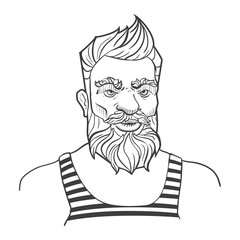 Hand-drawn serious man with mustache, beard and hairstyle