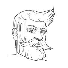 Hand-drawn serious man with mustache, beard and hairstyle.