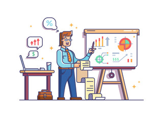 Business analyst shows charts and graphs