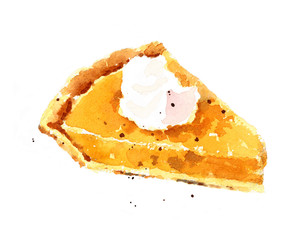 Watercolor Pumpkin Pie Dessert Food Hand Painted Thanksgiving Illustration isolated on white background