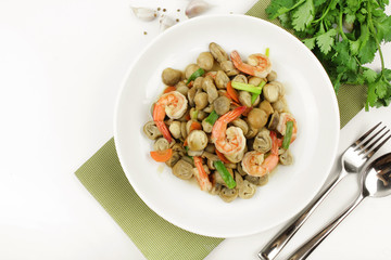 stir fried mushroom with shrimp and carrot