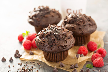 Fototapeta na wymiar Double chocolate muffins with raspberry