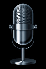Vintage metal silver blue microphone on black background. 3D illustration.