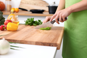Close up of  woman's hands cooking in the kitchen. Housewife slicing ​​fresh salad. Vegetarian and healthily cooking concept