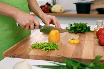 Close up of  woman's hands cooking in the kitchen. Housewife slicing ​​fresh salad. Vegetarian and healthily cooking concept