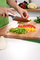 Close up of  woman's hands cooking in the kitchen. Housewife slicing ​​fresh salad. Vegetarian and healthily cooking concept
