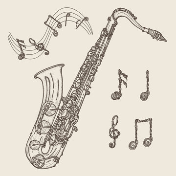 Saxophone and music notes, vintage hand drawn illustration. Classical saxophone drawing