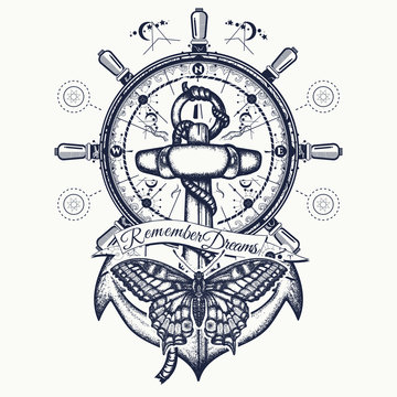 Anchor, steering wheel, butterfly, tattoo art.  Symbol of freedom, marine adventure tourism