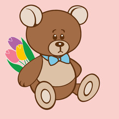 Teddy bear holding a bouquet of tulips