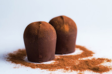 Two chocolate truffles covered in cinnamon