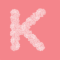 The letter K, in the alphabet Heart flower bush illustration set flat design white color isolated on pink background, vector eps10