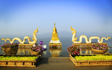Twin Naga and golden pagoda at kwan Phayao