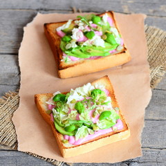 Delicious sandwiches with avocado, lettuce, basil, pumpkin seeds and creamy pink beet sauce. Vegetarian sandwiches on paper and burlap. Healthy lunch concept. Closeup