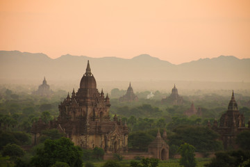 Scenic sunrise above Bagan in Myanmar.