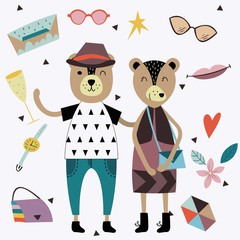 Set of cute fashion animals and fashion elements and accessories.