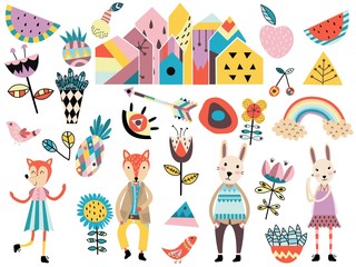 Set of cute scandinavian style elements and animals.