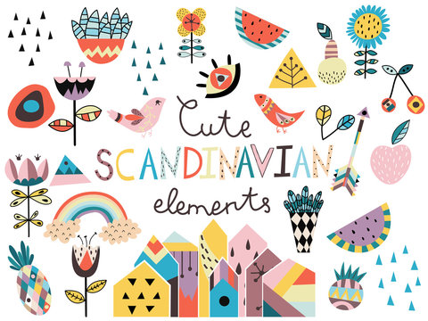 Set of cute scandinavian style elements and animals. Hand drawn vector illustration.
