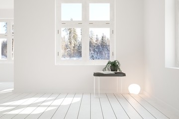 White empty room with winter landscape in window. Scandinavian interior design