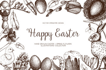 Vector card or invitation design with cute hand drawn illustrations for easter design. Happy Easter Day vintage template.