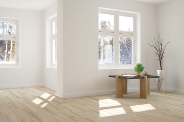 White empty room with table and winter landscape in window. Scandinavian interior design