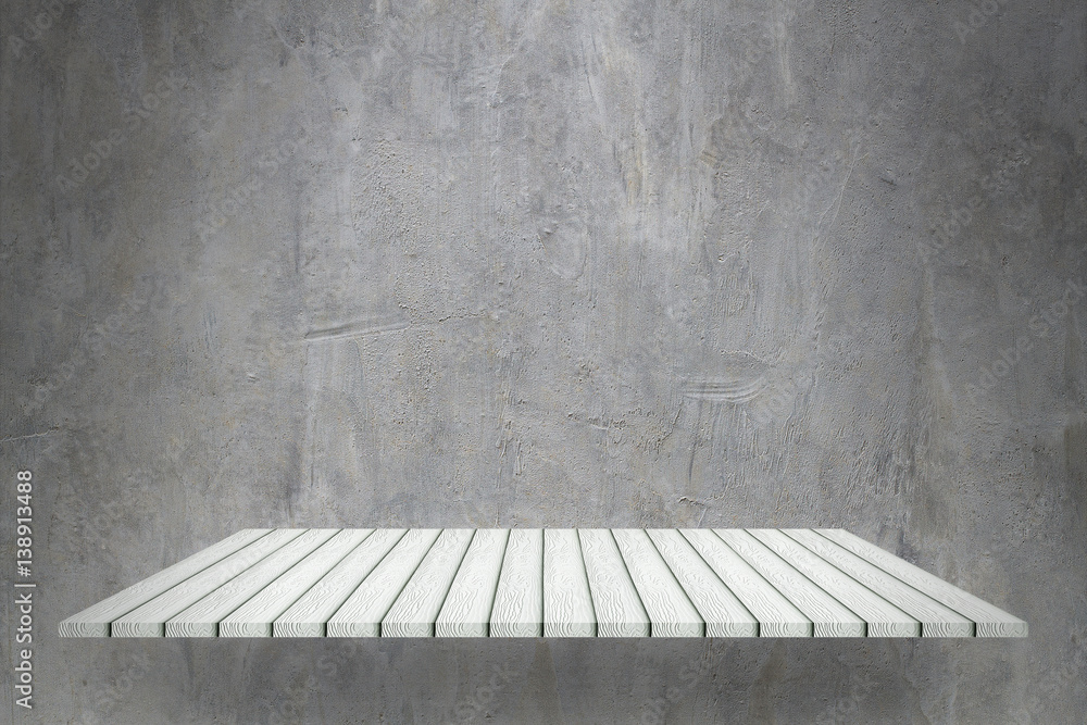 Poster empty wooden shelf on cement wall for product display and design
